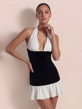 Asymmetric Ruffle Hem Two Tone Velvet Mini Dress