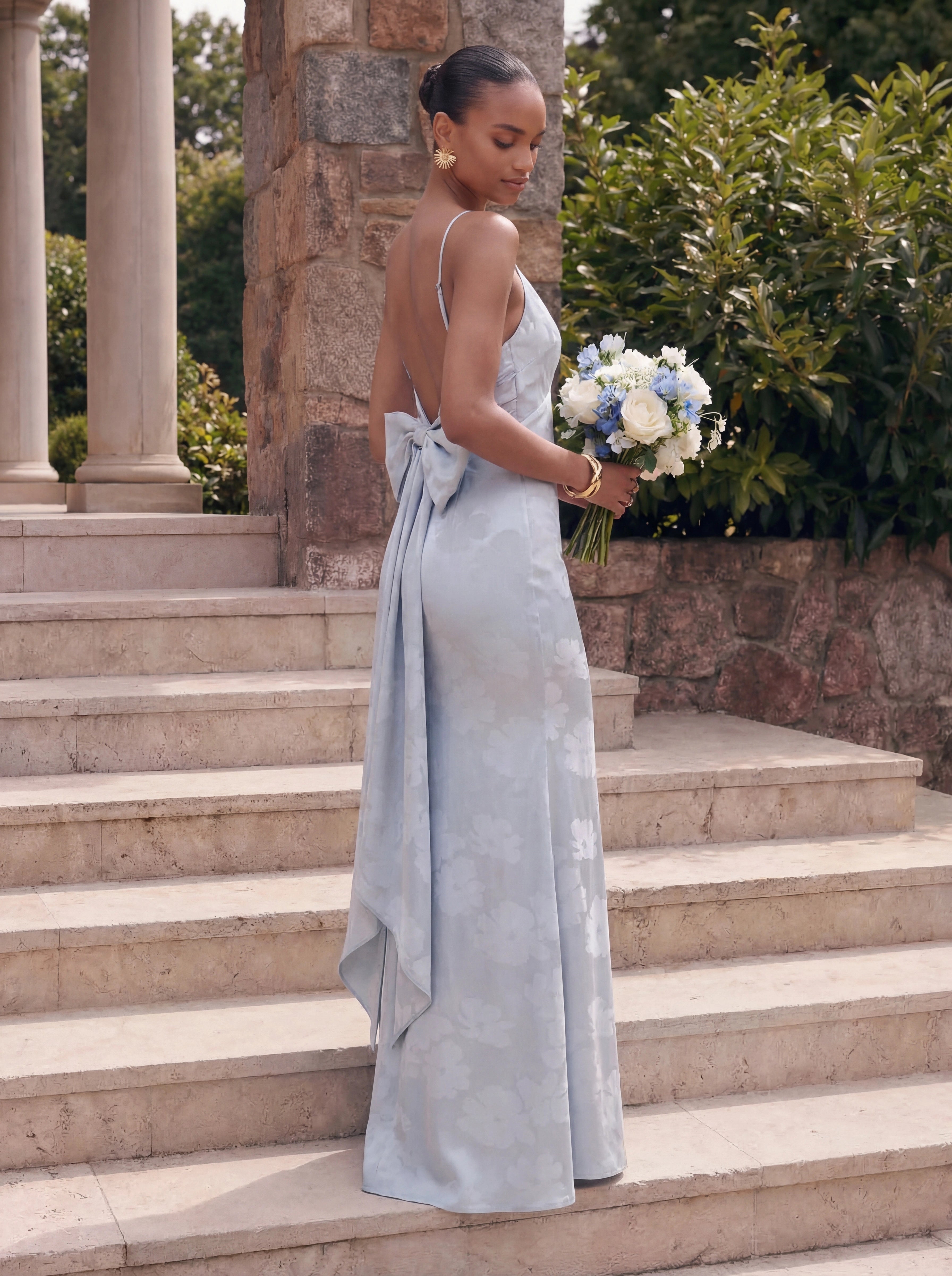 green emerald velvet dress Satin Plunge-Neck Maxi Dress with Asymmetric Drop-Waist & Bow
