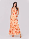 3D Flower Ruched Halterneck Maxi Dress