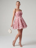 3D Rose Appliqué Strapless Mini Dress