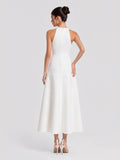 White Pearl Embellished Halter A-Line Midi Dress