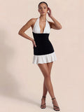 Asymmetric Ruffle Hem Two Tone Velvet Mini Dress