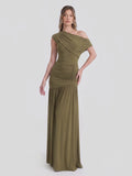 Asymmetric-Neck Maxi Dress With Ruched Detailing