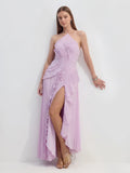 Asymmetry Pleated Halterneck Midi Dress