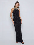 Black Hand-Embellished Halter-Neck Maxi Dress