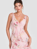 Boho Watercolor Floral Tiered Ruffle Maxi Dress