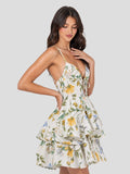 Botanical Print V-Neck Mini Dress With Ruffled Hem
