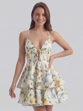 Botanical Print V-Neck Mini Dress With Ruffled Hem