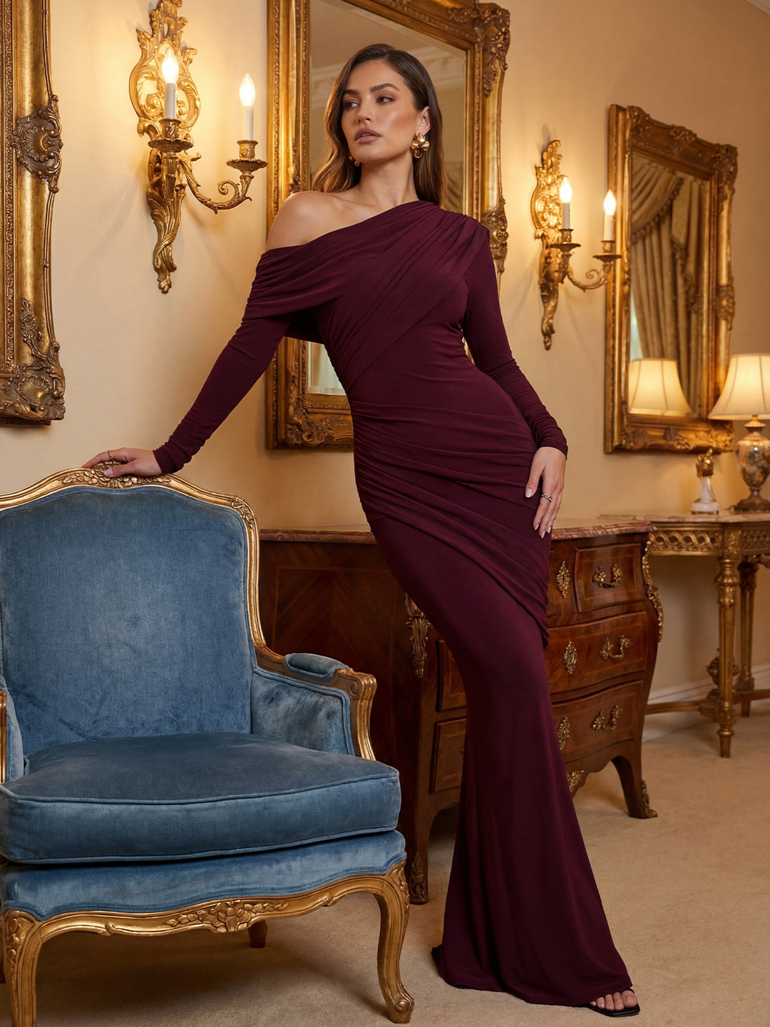 pink a line bridesmaid dresses Angelique Burgundy Twisted Asymmetric Maxi Dress – Club L London main image 1