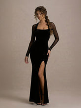 Captivating Sheer-Sleeves Velvet Bodycon Maxi Dress With High Slit