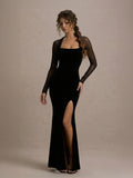 Captivating Sheer-Sleeves Velvet Bodycon Maxi Dress With High Slit