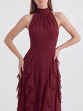 Cascade-Ruffle Halter Gown with Tie-Bow Detail