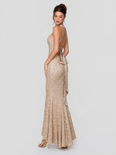 Champagne Sequin Mermaid Gown with Cross-Back Ties