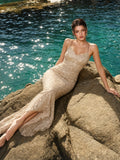 Champagne Sequin Mermaid Gown with Cross-Back Ties