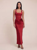 Valentine's Day Exclusive - Corset Bodice Gathered Waist Satin Maxi Dress