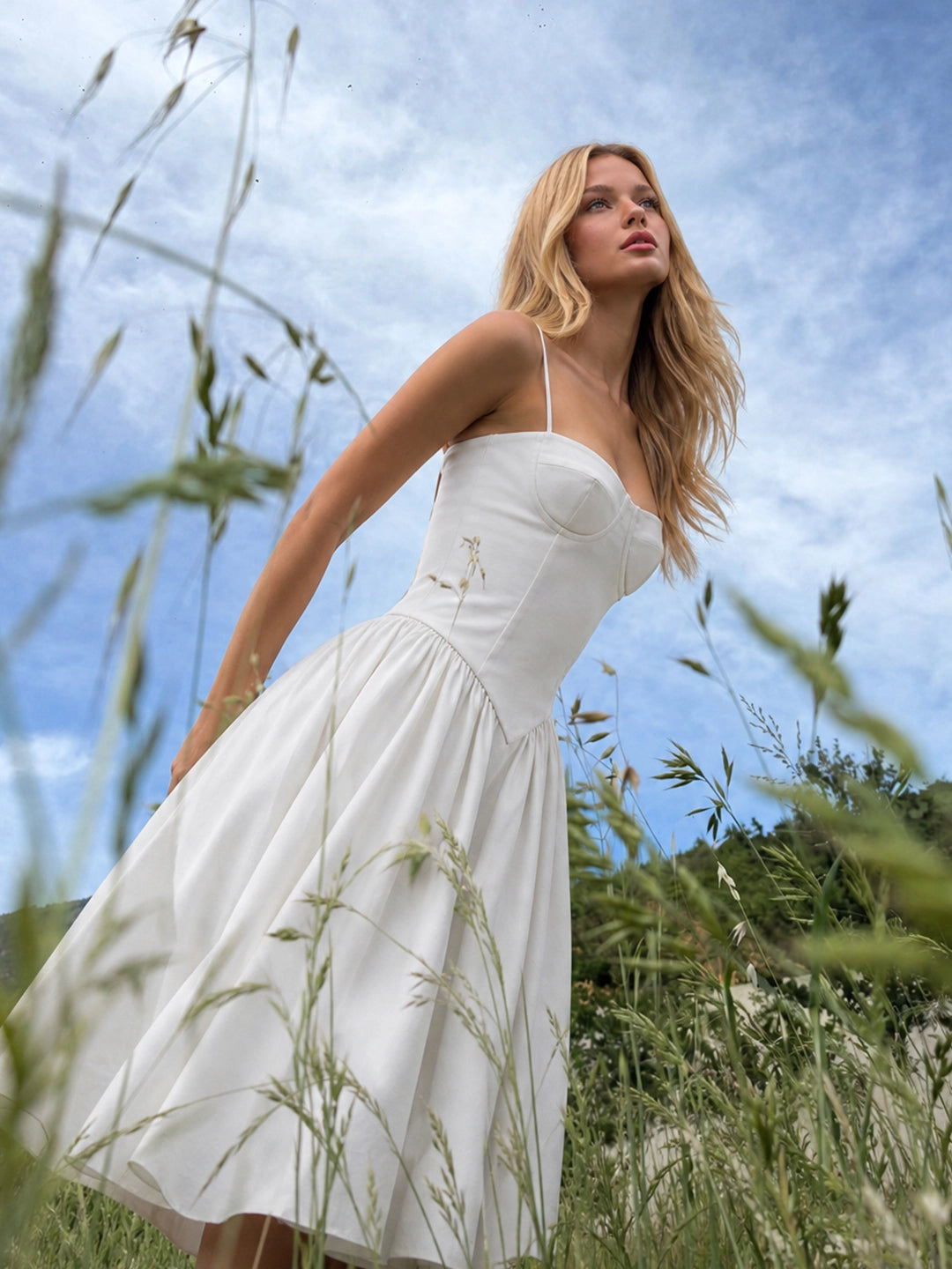 Corset Sweetheart Neckline Midi with Pockets & A-Line Skirt