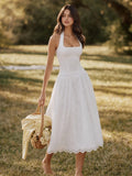 Cottagecore Halterneck Eyelet Cotton Midi Dress