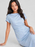 Cowl Back Satin Ruched Midi Dress