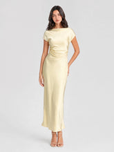 Cowl Back Satin Ruched Midi Dress