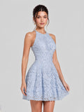 Crystal Trim 3D Floral Lace Halter Mini Dress
