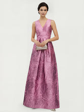 Opulent Jacquard Sash-Waist Gown