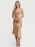 Luxe Satin Cowl Neck Asymmetric Slip Midi Dress