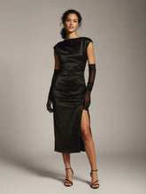 Delicate Bateau-Neck Stretch Satin Midi Dress