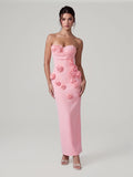 3D Rose Appliqué Strapless Maxi Gown