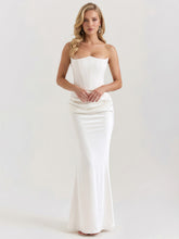 Strapless Boned-Corset Draped Satin Fishtail Maxi Dress