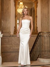 Exquisite Strapless Boned-Corset Draped Satin Fishtail Maxi Dress