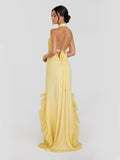 Feather Trim Halter Chiffon Maxi Dress