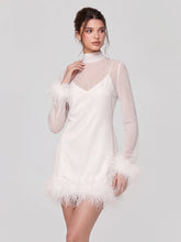 Feather Trimmed Satin Mini Dress with Mesh Overlay