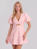 Floral Jacquard V Neck Fit and Flare Dress