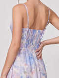 Lilac Floral Corset Midi with Tiered Ruffle Hem & Tie-Waist