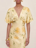 Floral Print Satin Plunge-Neck Maxi Dress