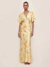 Floral Print Satin Plunge-Neck Maxi Dress