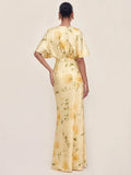 Floral Print Satin Plunge-Neck Maxi Dress