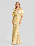 Floral Print Satin Plunge-Neck Maxi Dress