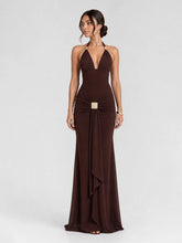 Gold-Tone Clasp Halter Hardware Maxi Dress