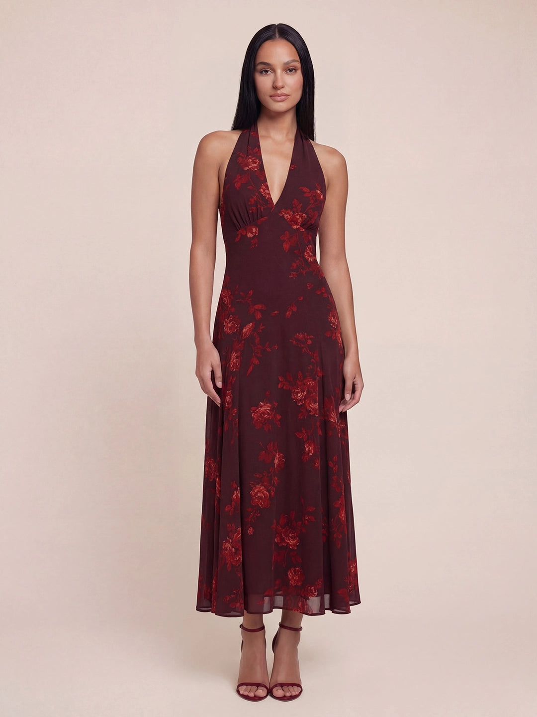 Halter V-Neck Drop Waist Floral Georgette Midi Dress | Amperto Halter V-Neck Drop Waist Floral Georgette Midi Dress | Amperto