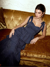 Jacquard Scoop Neckline Solid Bowknot Layered Maxi Dress
