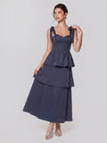 Jacquard Scoop Neckline Solid Bowknot Layered Maxi Dress