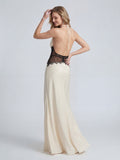 Halter Neck Lace and Satin Low Back Maxi Dress