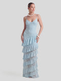 Lace Plunge-Neck Maxi Dress With Ruffled Detailing
