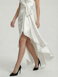 Midnight Elegance Satin Halter Ruffle Gown
