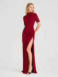 Mock Neck Ruched High Slit Evening Maxi Dress