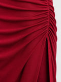 Mock Neck Ruched High Slit Evening Maxi Dress