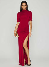 Mock Neck Ruched High Slit Evening Maxi Dress