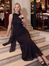 One-Shoulder Dress with Attached Scarf in Polka Dot Chiffon