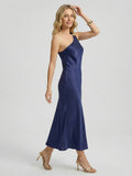One-Shoulder Hardware Satin Midi Slip Dress